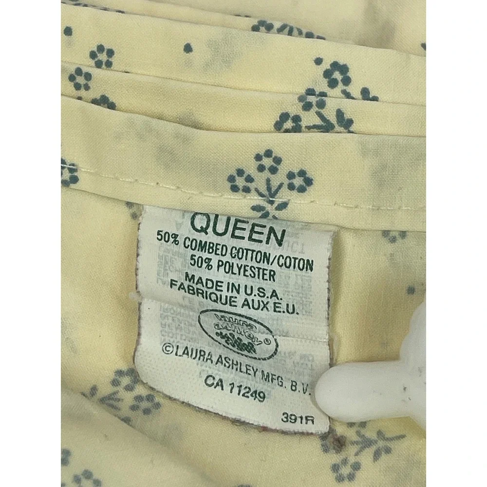Vintage Laura Ashley Queen Flat Sheet Cream Blue USA Made